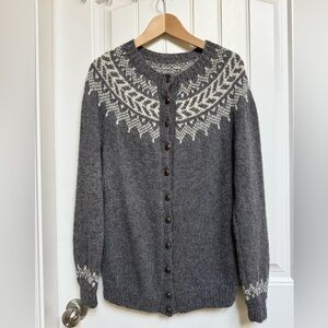 Handmade Wool Angora Blend Grey and Cream Fair Isle Crewneck Cardigan. Fits M/L